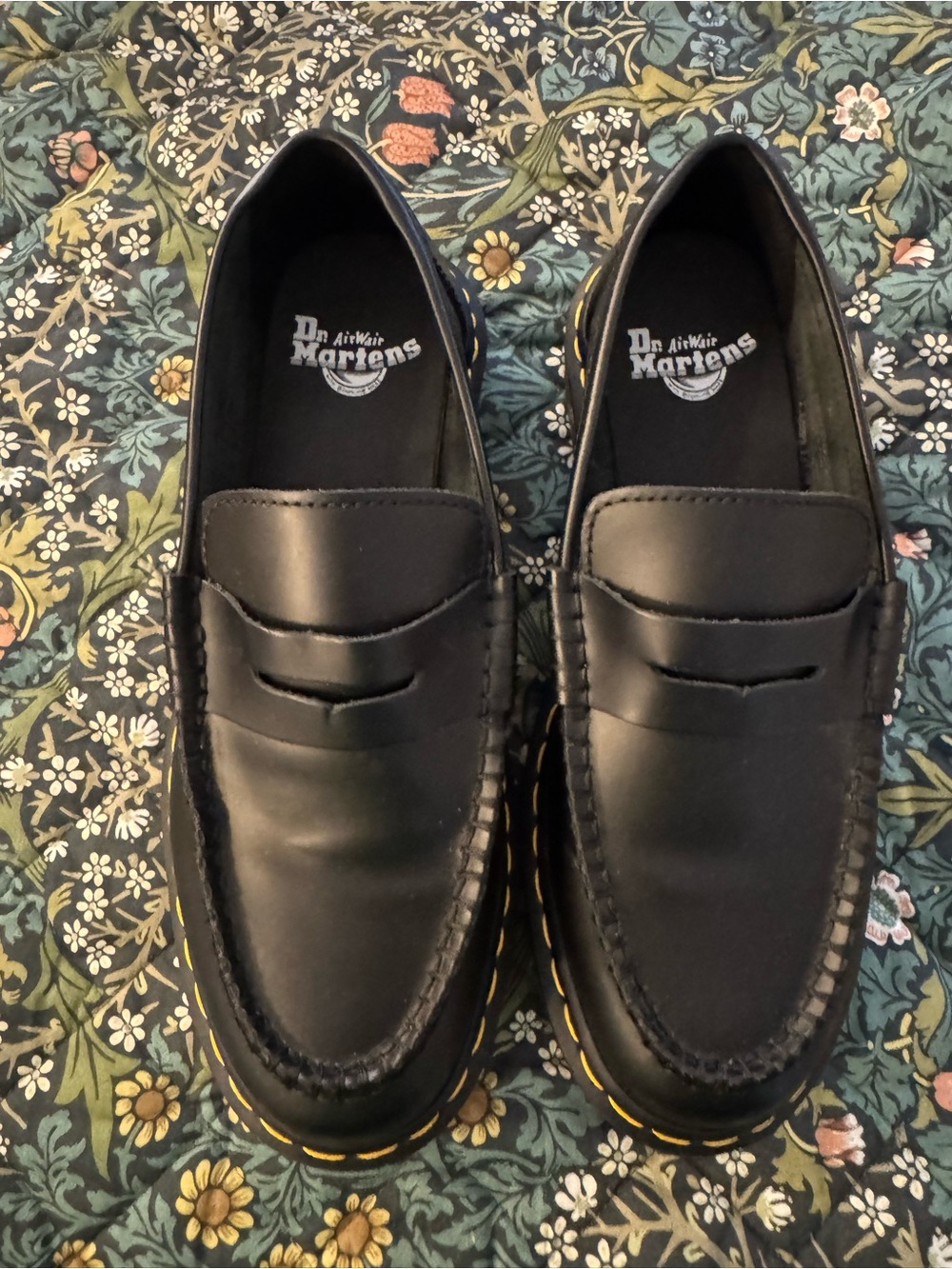 Dr. Martens Black Leather Penny Loafers with Yellow Welt